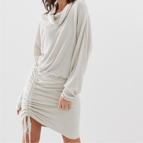 FREE PEOPLE Sundown Cowl Neck Knit Mini Bodycon Dress size S Cream Cinched Party - Picture 1 of 13